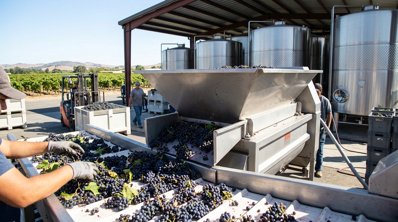 Winery staff sorting freshly harvested grapes beside steel fermentation tanks