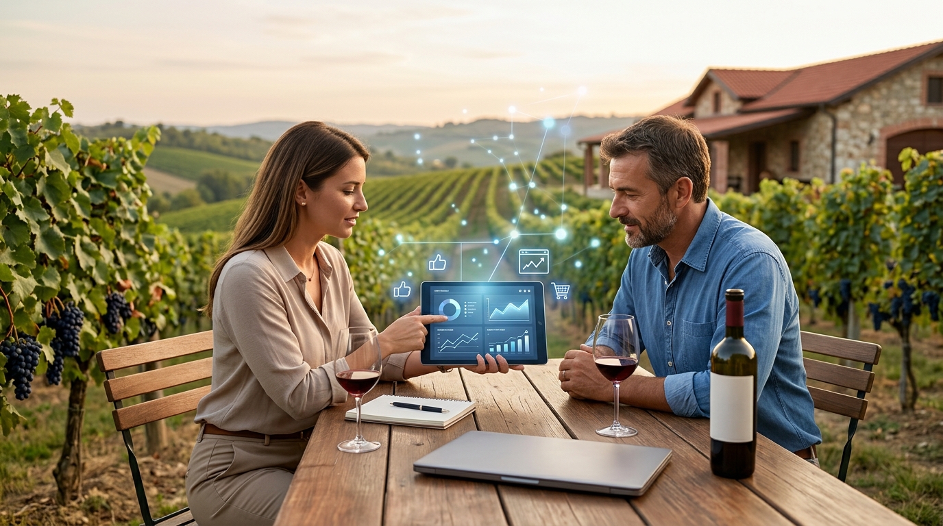 Winery owner and a marketing consultant reviewing results on a tablet at a vineyard table