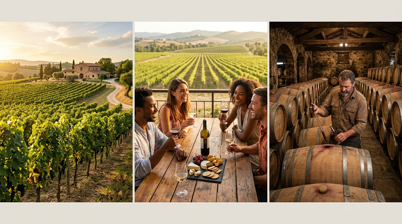 Vineyard estate, guests wine tasting on a terrace, and a winemaker checking barrels in the cellar