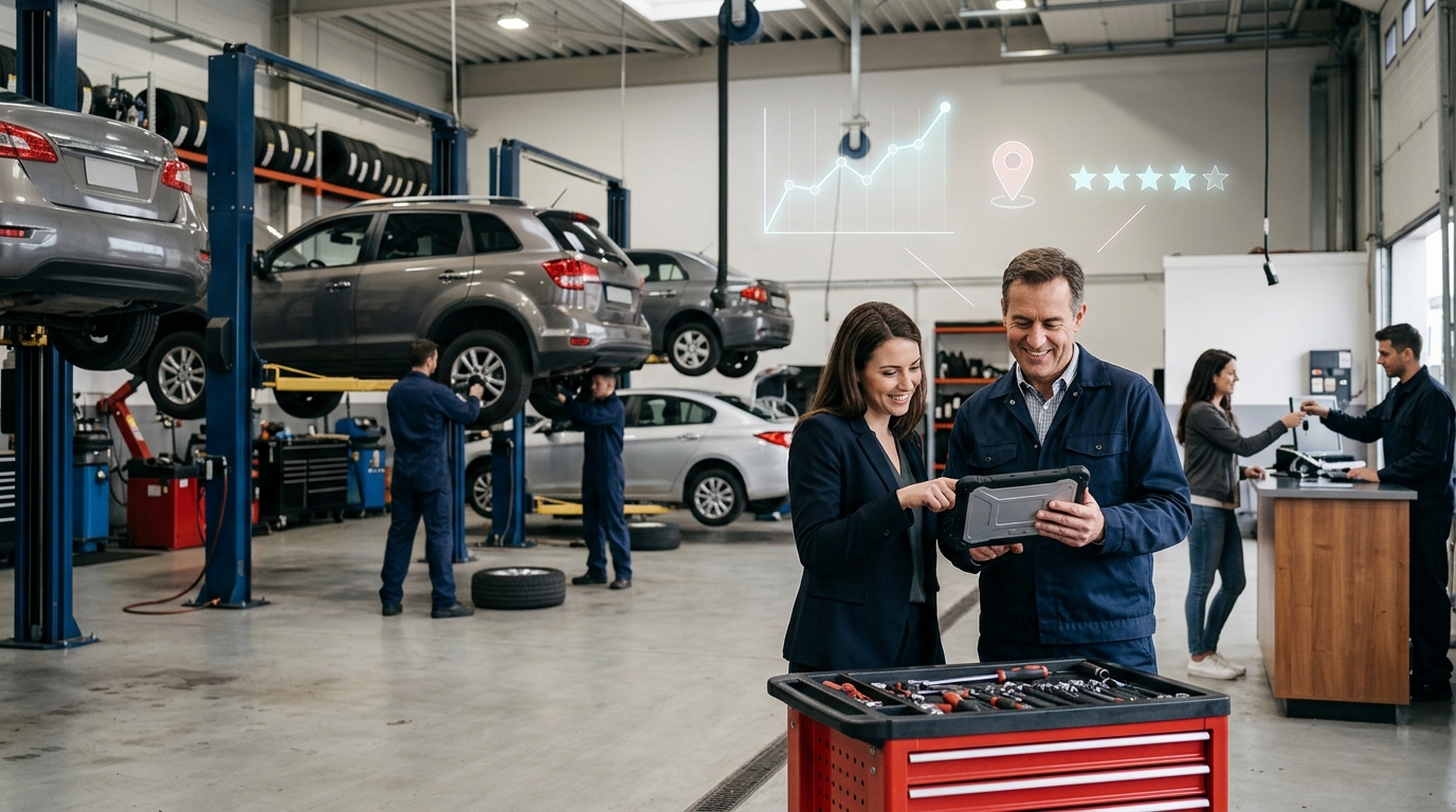 Automotive franchise owner and a marketing consultant reviewing results on a tablet