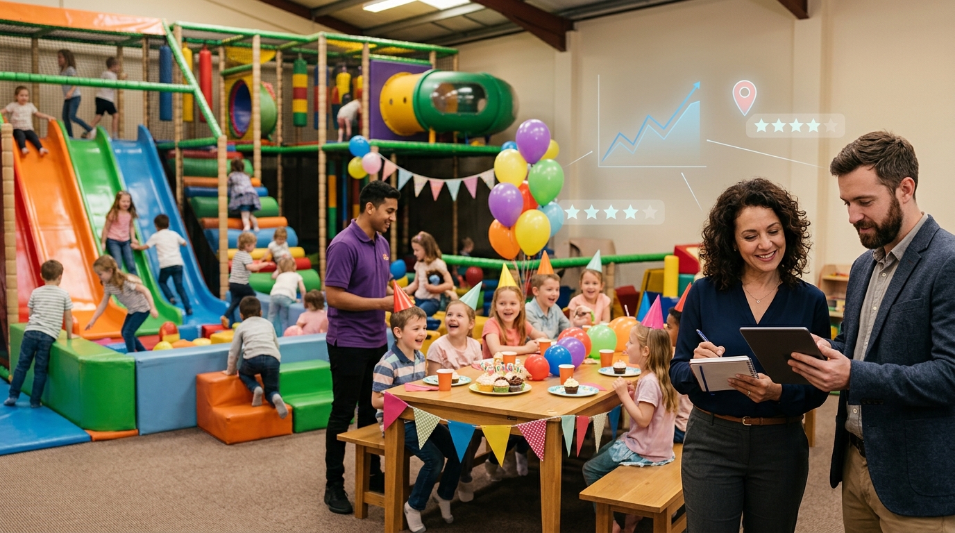 Children's entertainment franchise owner and a marketing consultant reviewing results on a tablet