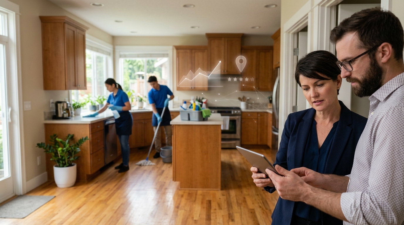Cleaning franchise owner and a marketing consultant reviewing results on a tablet