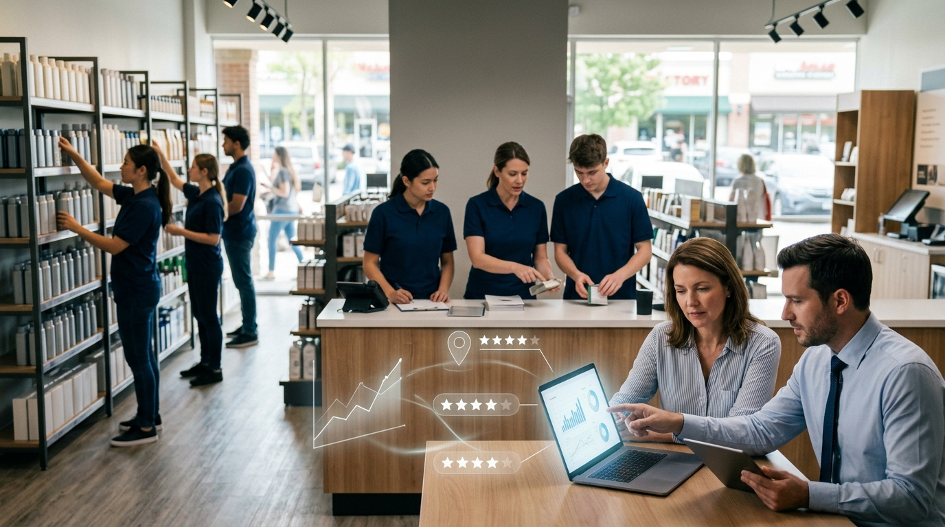 Franchisee and marketing consultant review a tablet as a trainer coaches new staff in-store
