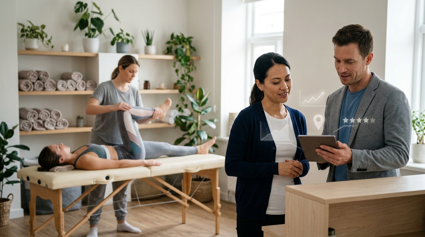 Wellness franchise owner and a marketing consultant reviewing results on a tablet