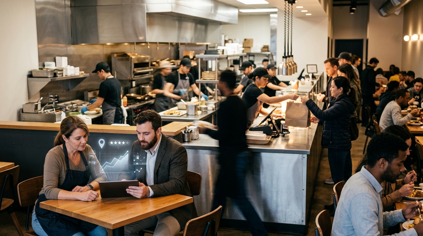 Restaurant franchise owner and a marketing consultant reviewing results on a tablet