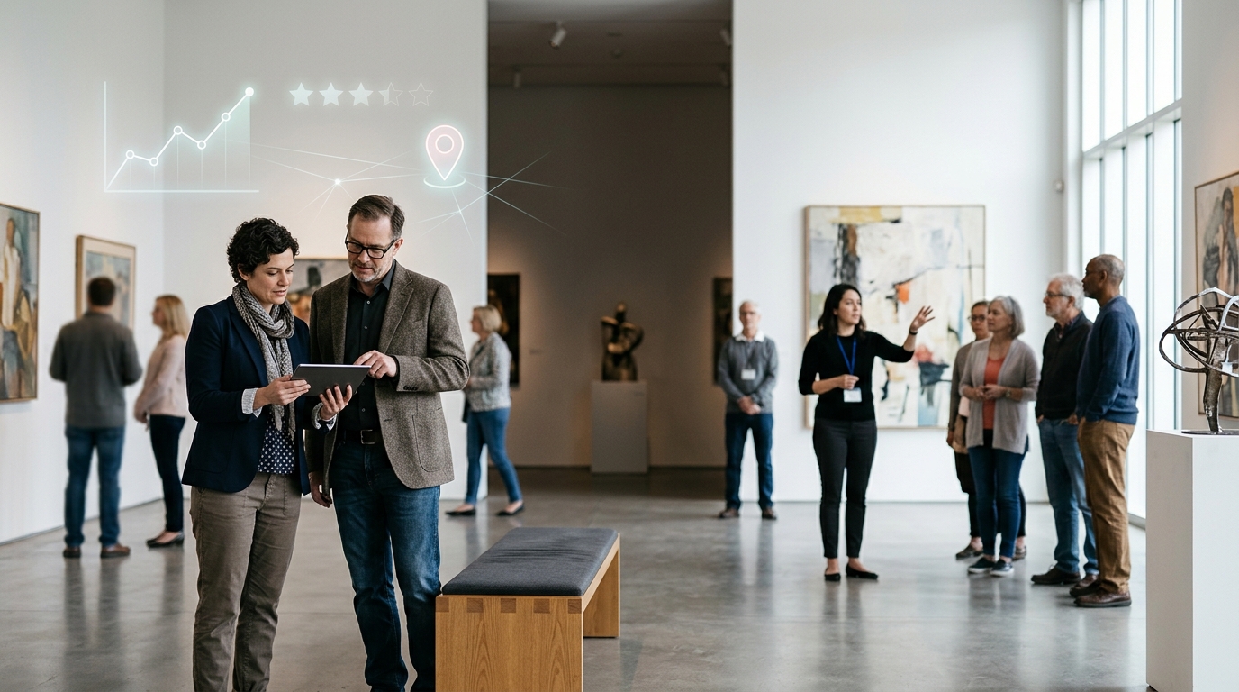 Arts organization owner and a marketing consultant reviewing results on a tablet