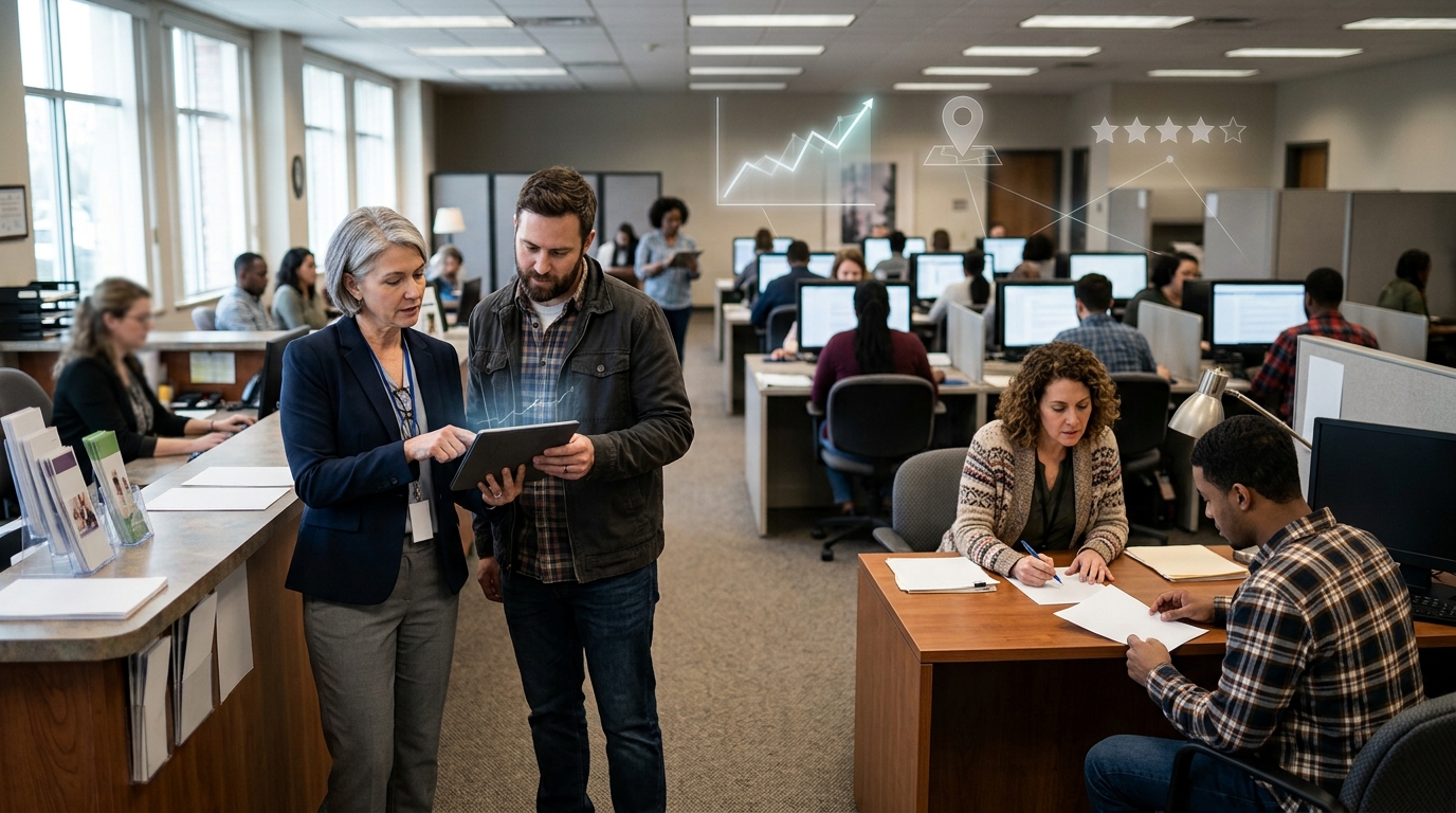 Employment service owner and a marketing consultant reviewing results on a tablet