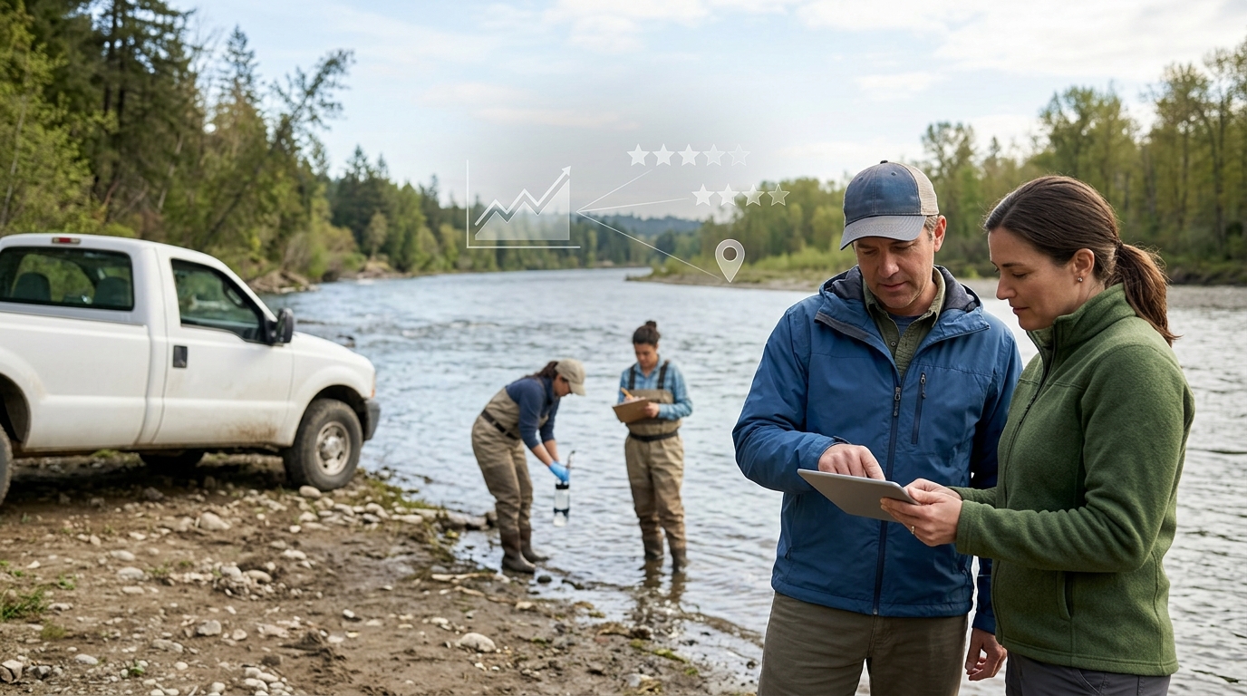 Environmental agency owner and a marketing consultant reviewing results on a tablet