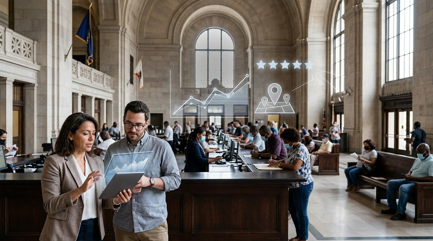 Department manager and marketing consultant review a tablet in a civic service center with residents
