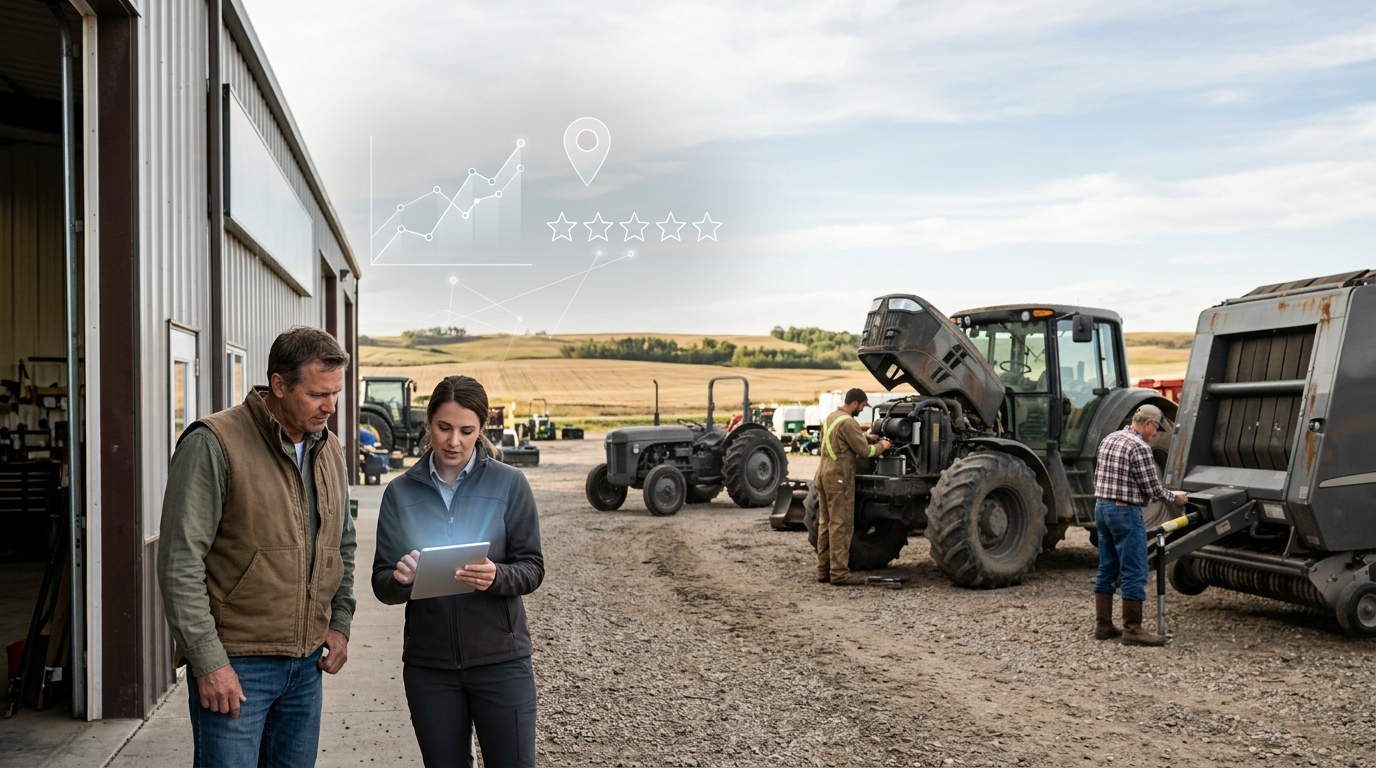 Agricultural equipment company owner and a marketing consultant reviewing results on a tablet