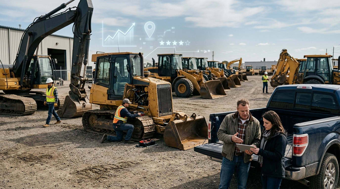Paving company owner and a marketing consultant reviewing results on a tablet