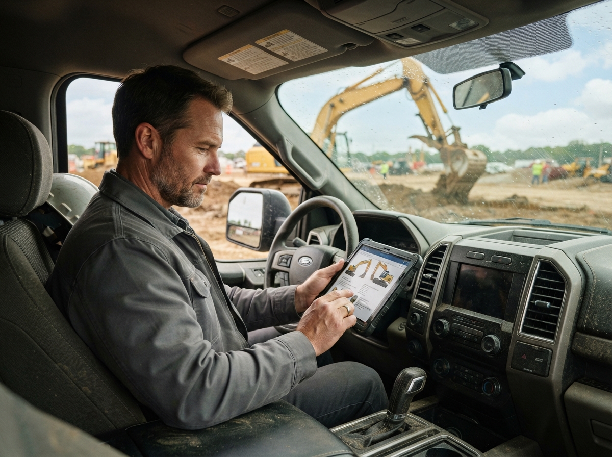 Contractor researching excavators on a tablet in a truck cab