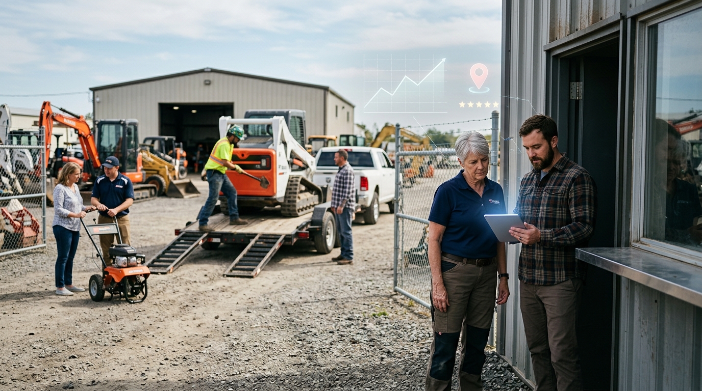 Equipment rental company owner and a marketing consultant reviewing results on a tablet