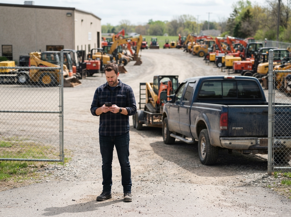 Customer checking directions at an equipment rental yard