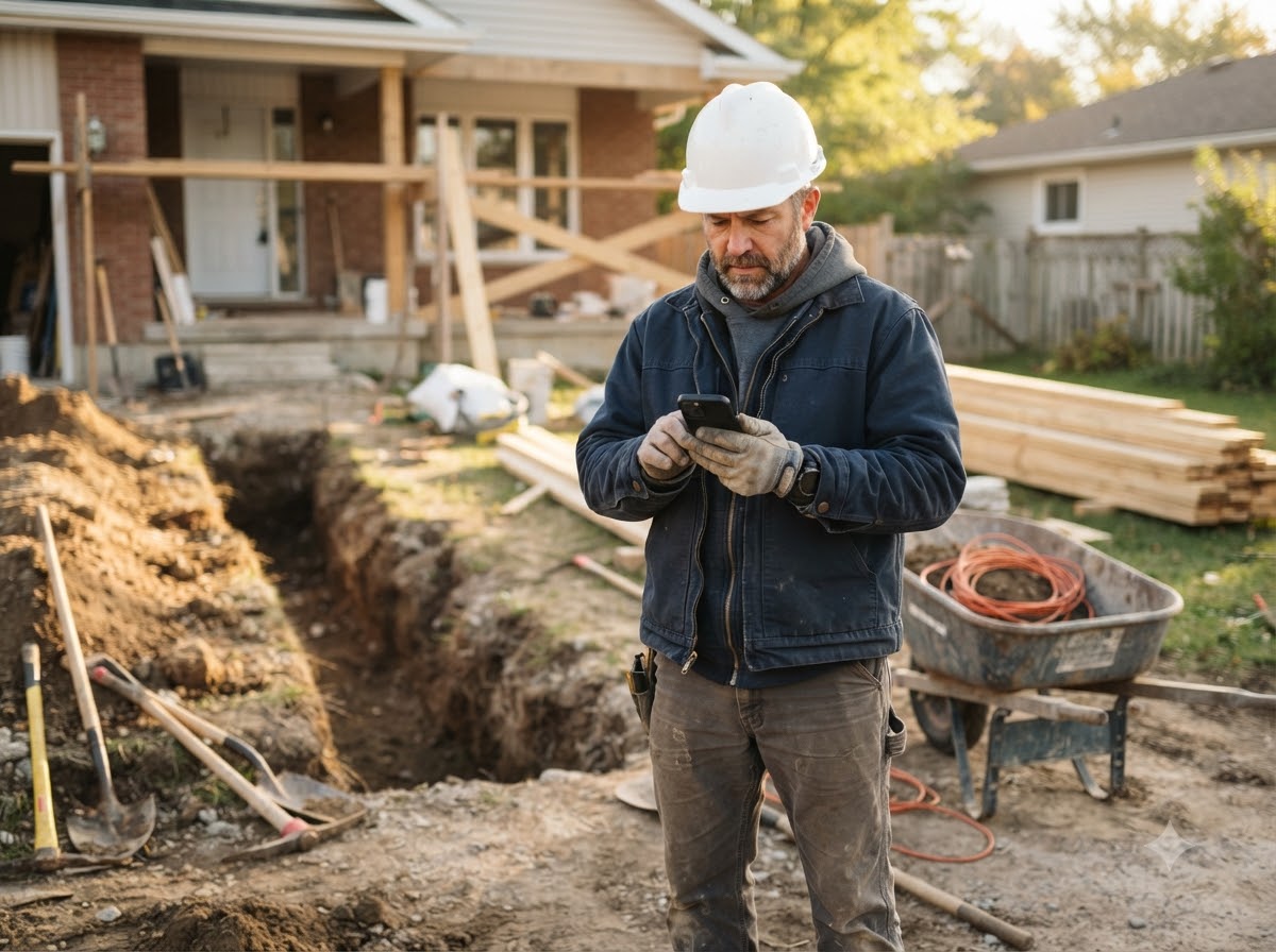 Contractor searching for equipment rental on a phone at a job site