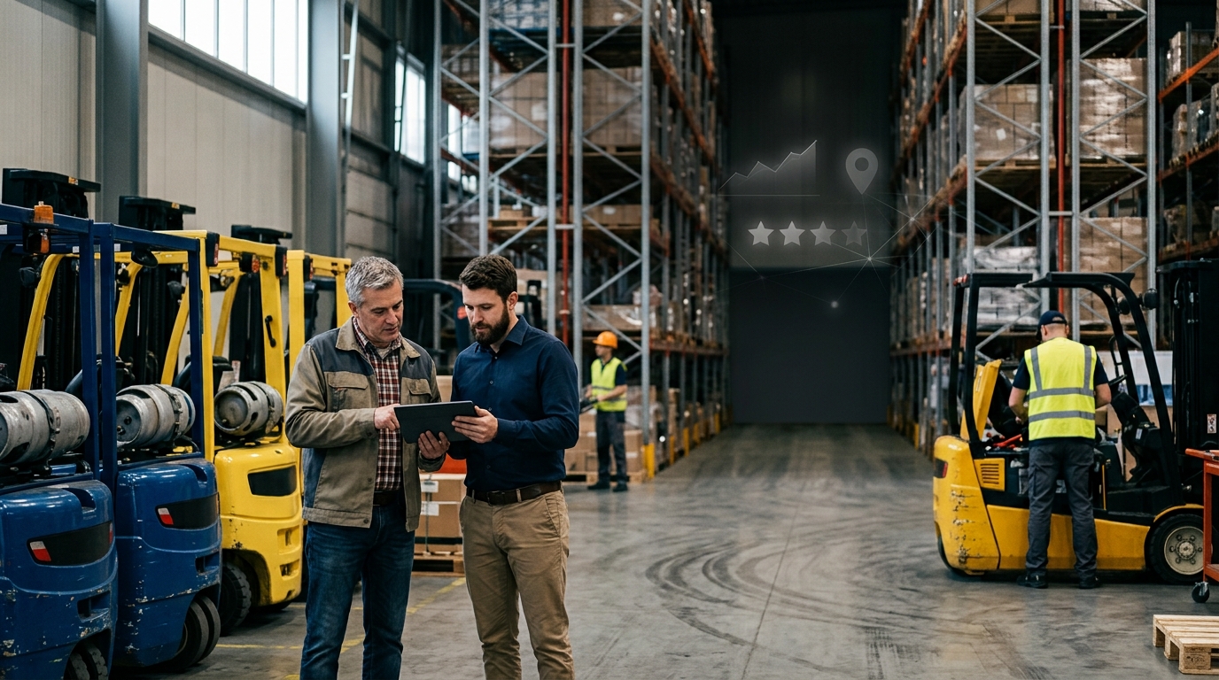 Forklift dealership owner and a marketing consultant reviewing results on a tablet