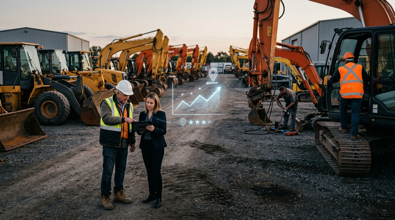 Equipment dealer and marketing consultant review a tablet in a yard of excavators and loaders