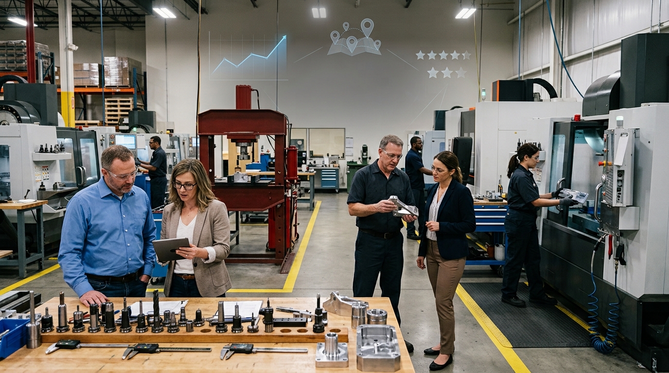 Machinery company owner and a marketing consultant reviewing results on a tablet
