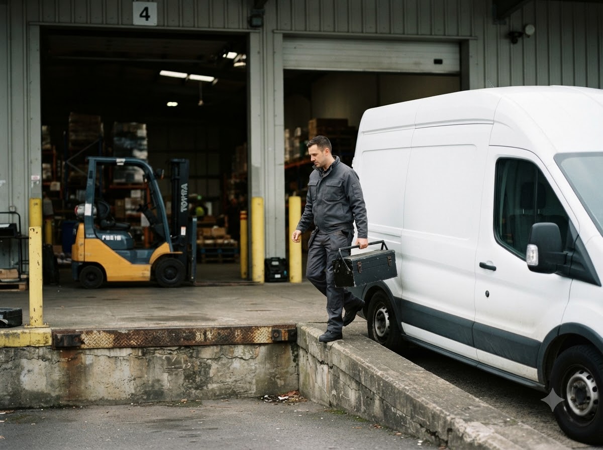Service technician arriving at a warehouse loading dock
