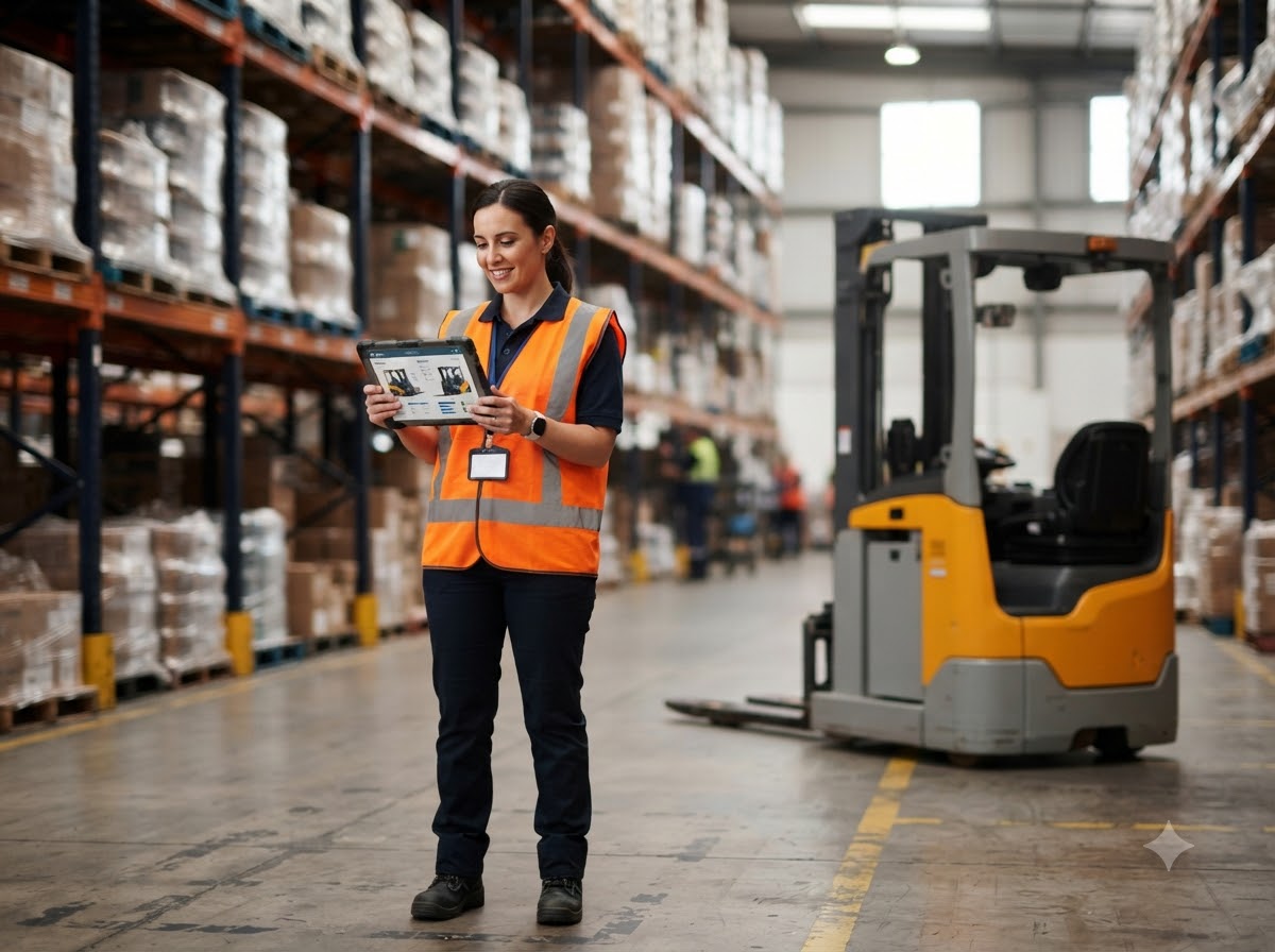 Warehouse manager comparing forklifts on a tablet