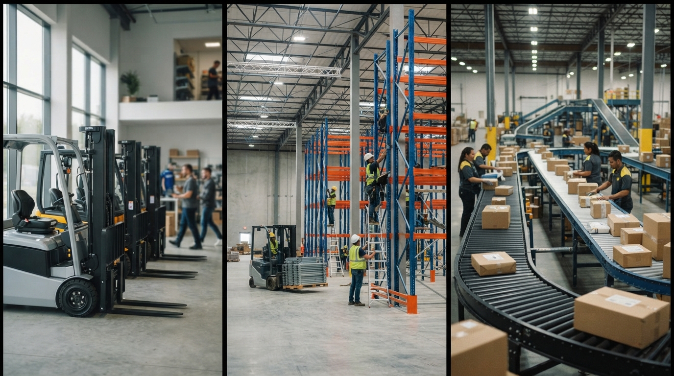 Forklifts, pallet racking and a conveyor line