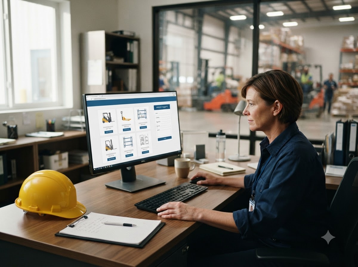 Operations manager browsing a forklift dealer website