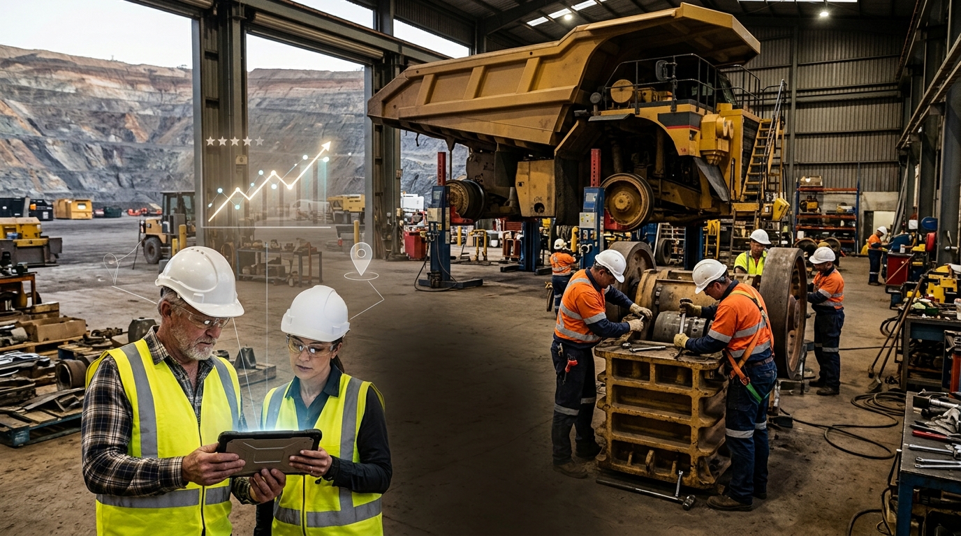 Mining equipment company owner and a marketing consultant reviewing results on a tablet