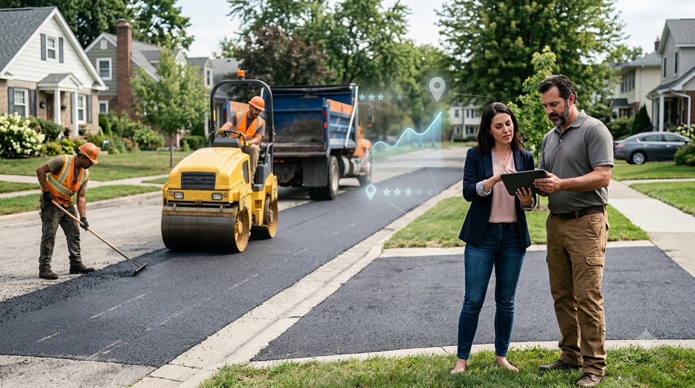 Paving company owner and a marketing consultant reviewing results on a tablet