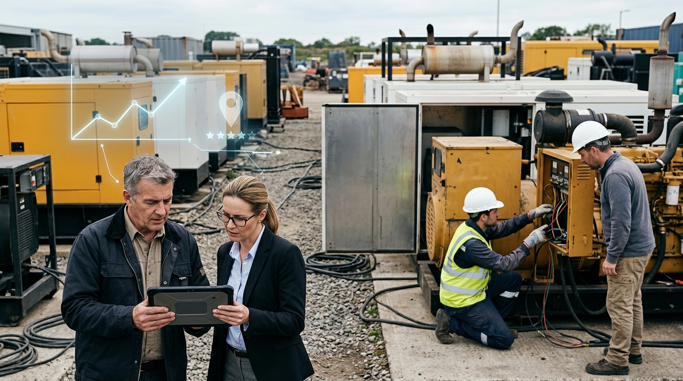 Power equipment supplier owner and a marketing consultant reviewing results on a tablet