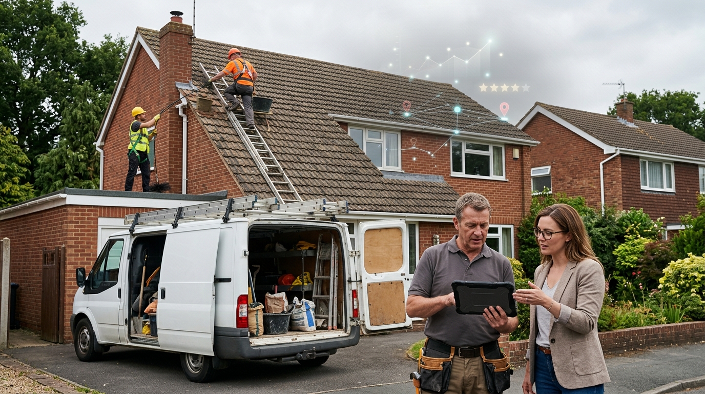 Carpet cleaning company owner and a marketing consultant reviewing results on a tablet