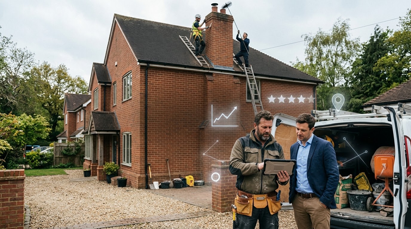 Chimney and masonry contractor owner and a marketing consultant reviewing results on a tablet