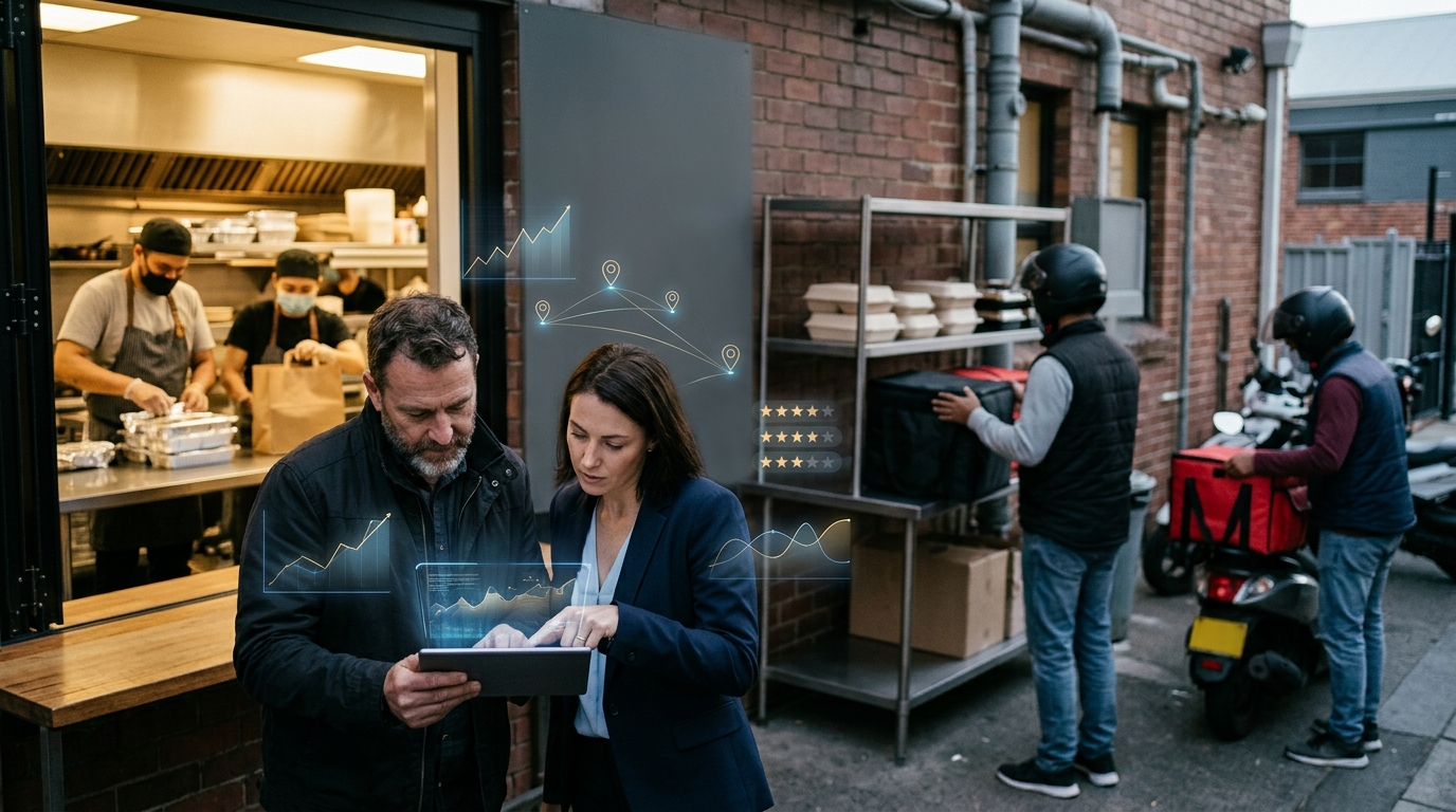 Food delivery service owner and a marketing consultant reviewing results on a tablet