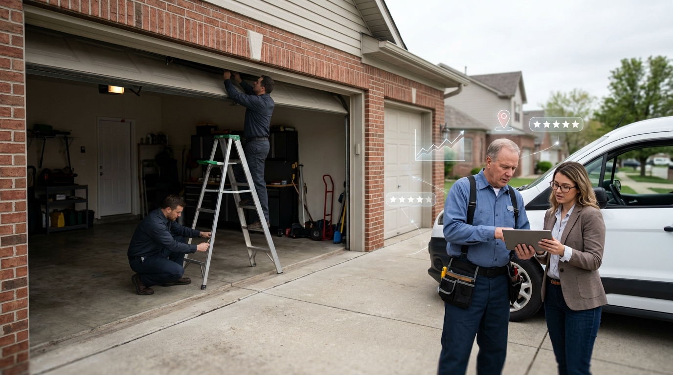 Garage door repair company owner and a marketing consultant reviewing results on a tablet
