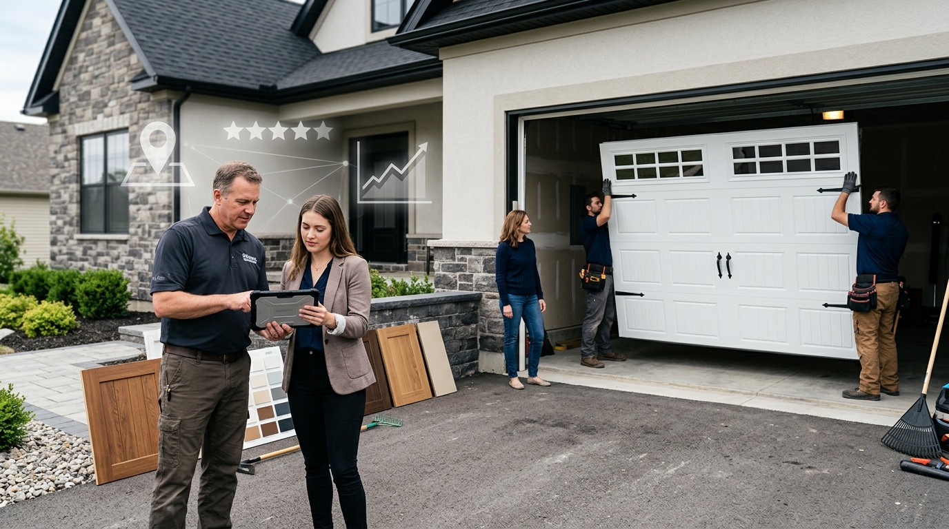 Garage door company owner and a marketing consultant reviewing results on a tablet