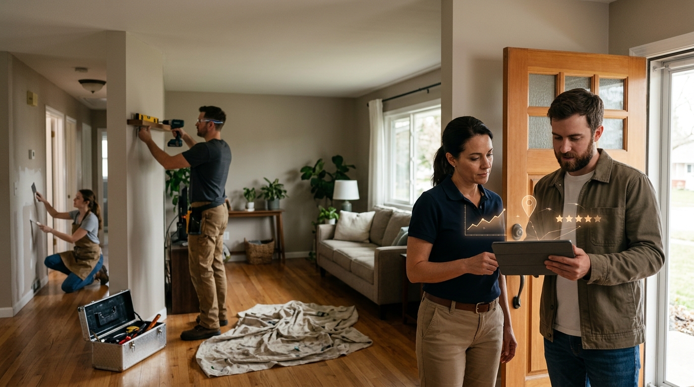 Handyman business owner and a marketing consultant reviewing results on a tablet
