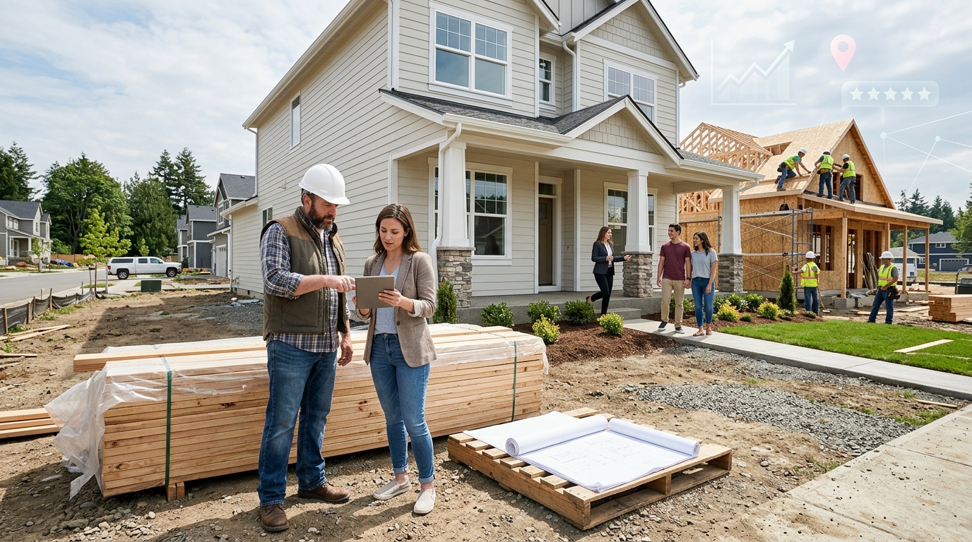 Home builder owner and a marketing consultant reviewing results on a tablet