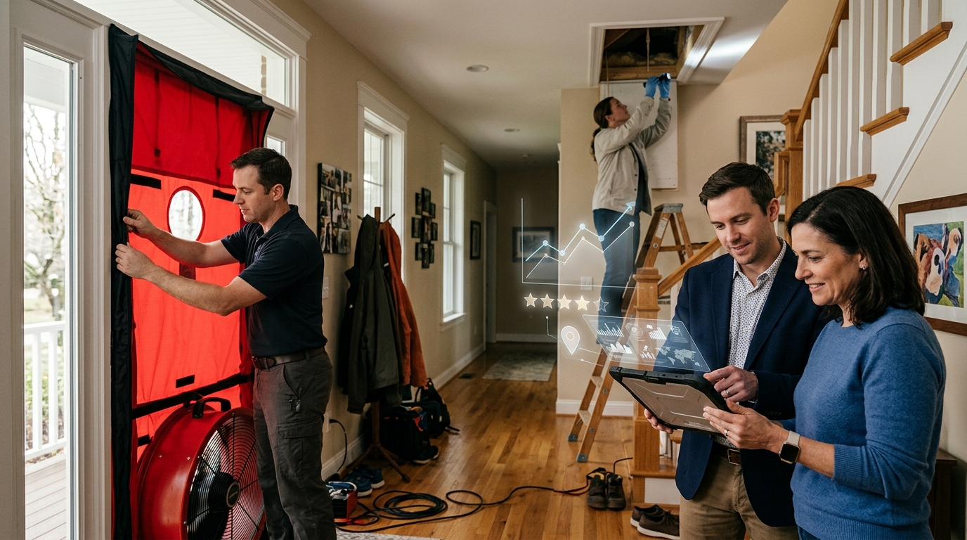 Home energy company owner and a marketing consultant reviewing results on a tablet