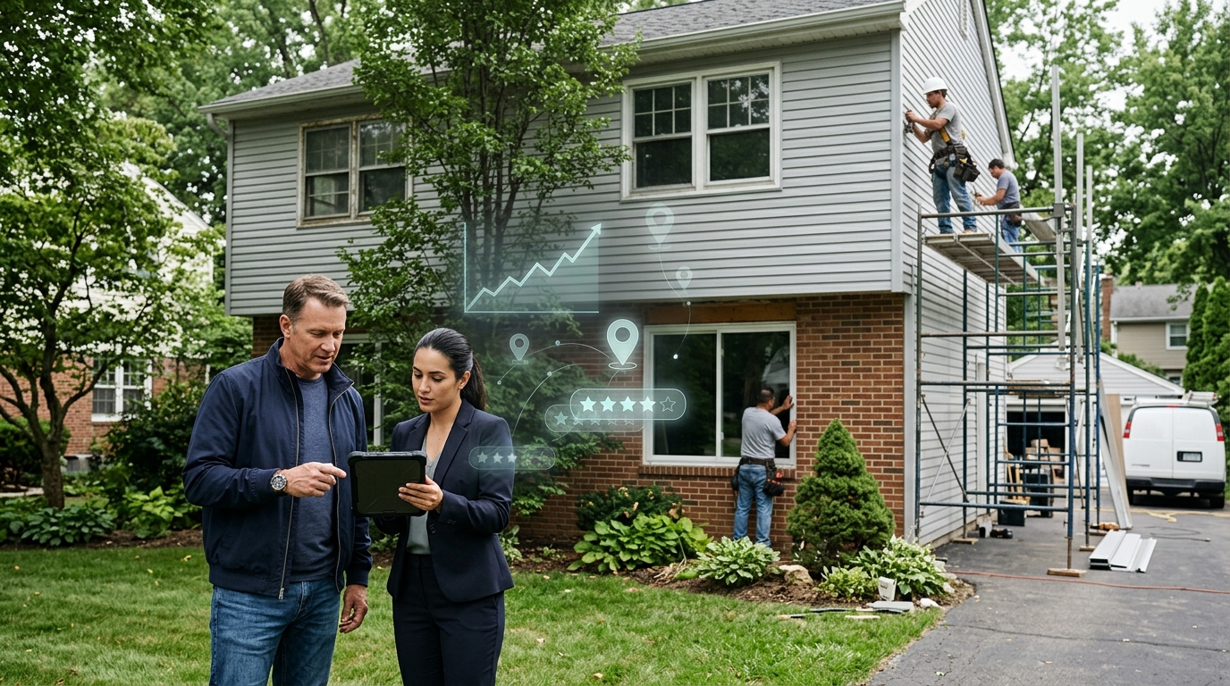 Home improvement company owner and a marketing consultant reviewing results on a tablet