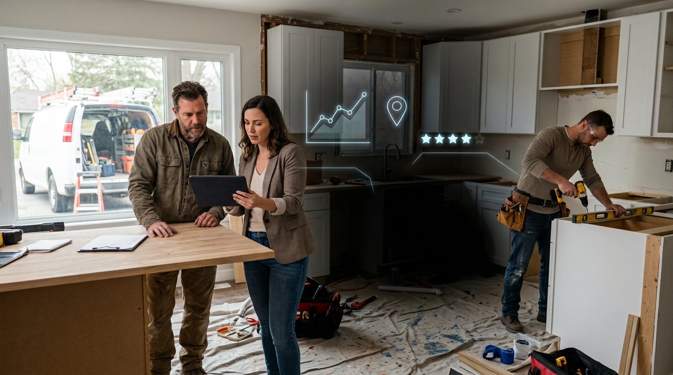 Contractor and marketing consultant review a tablet in a kitchen being renovated by tradespeople
