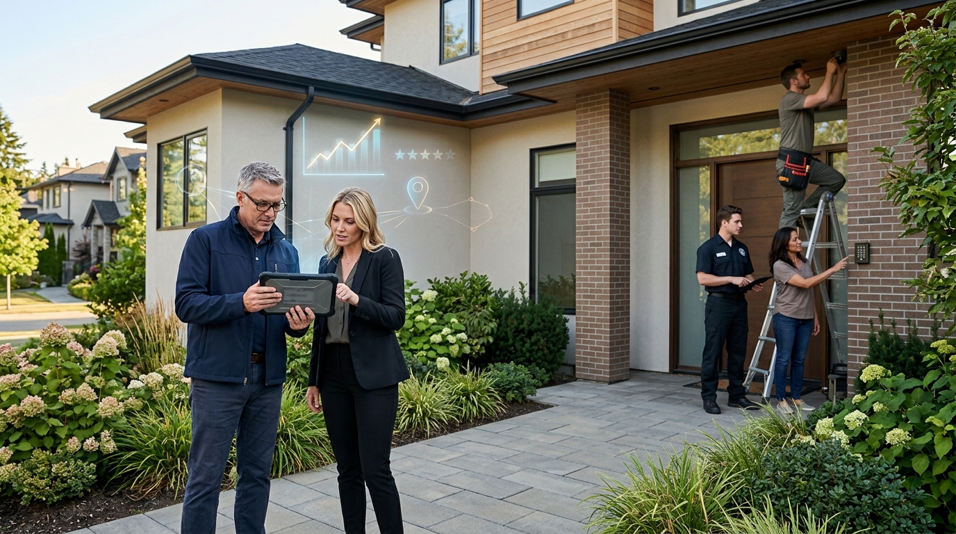 Home security company owner and a marketing consultant reviewing results on a tablet