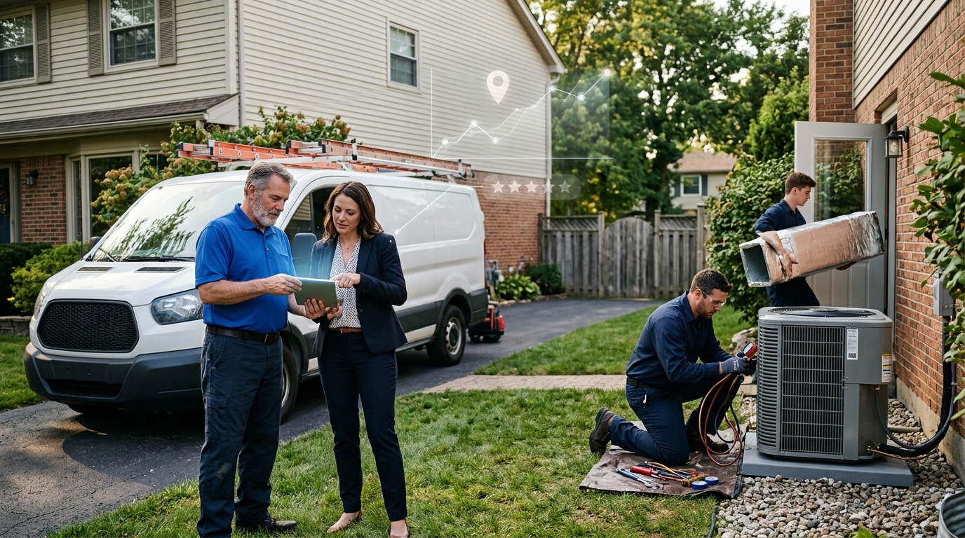 HVAC company owner and a marketing consultant reviewing results on a tablet