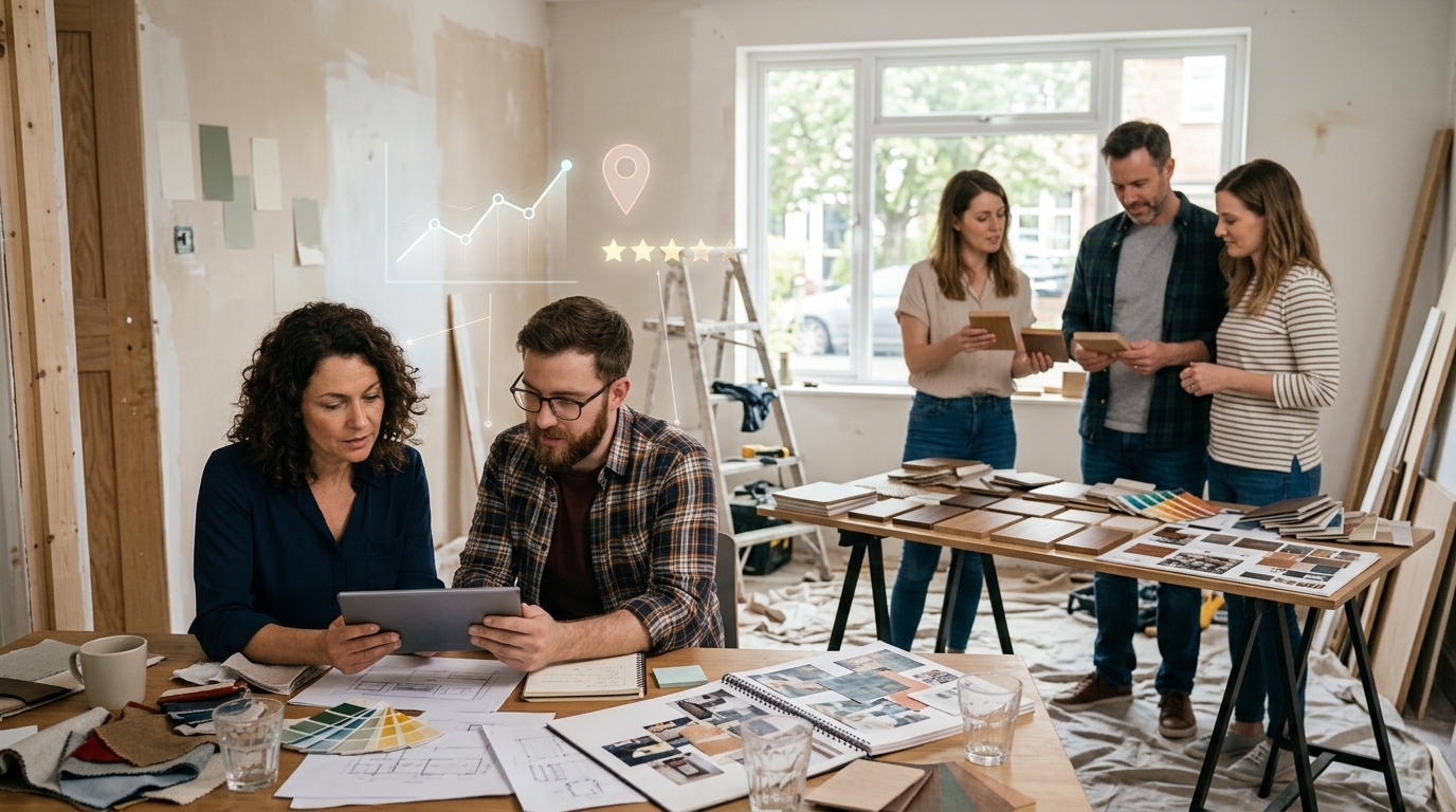Interior design firm owner and a marketing consultant reviewing results on a tablet