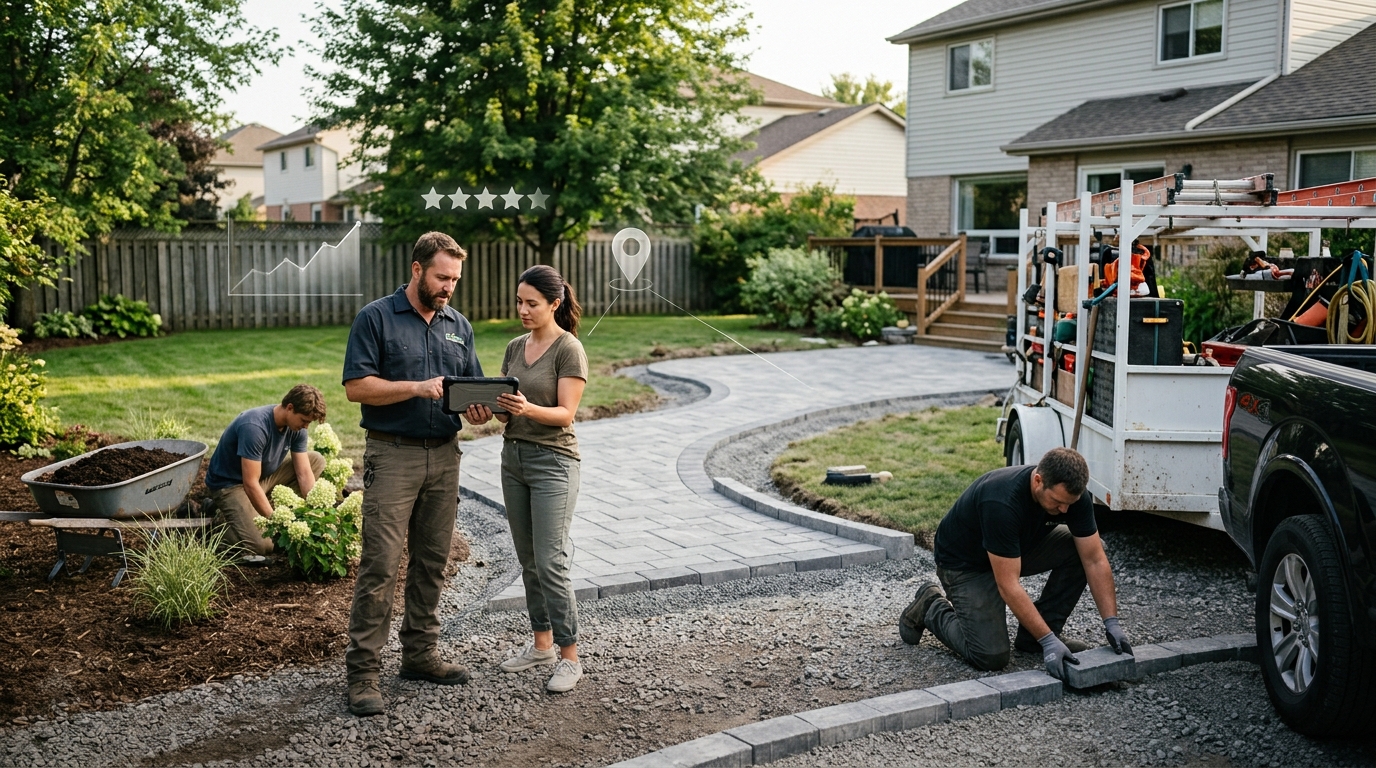 Landscaping company owner and a marketing consultant reviewing results on a tablet