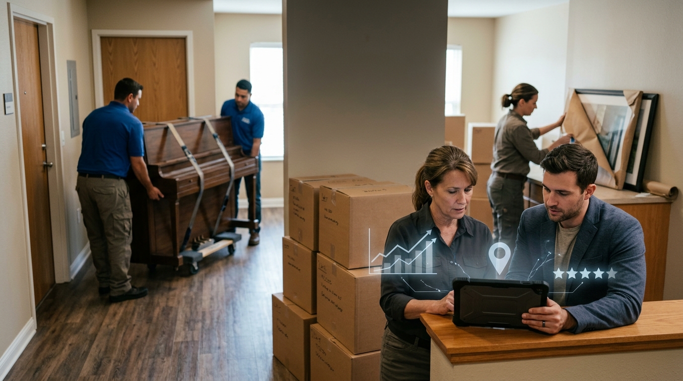 Moving business owner and a marketing consultant reviewing results on a tablet
