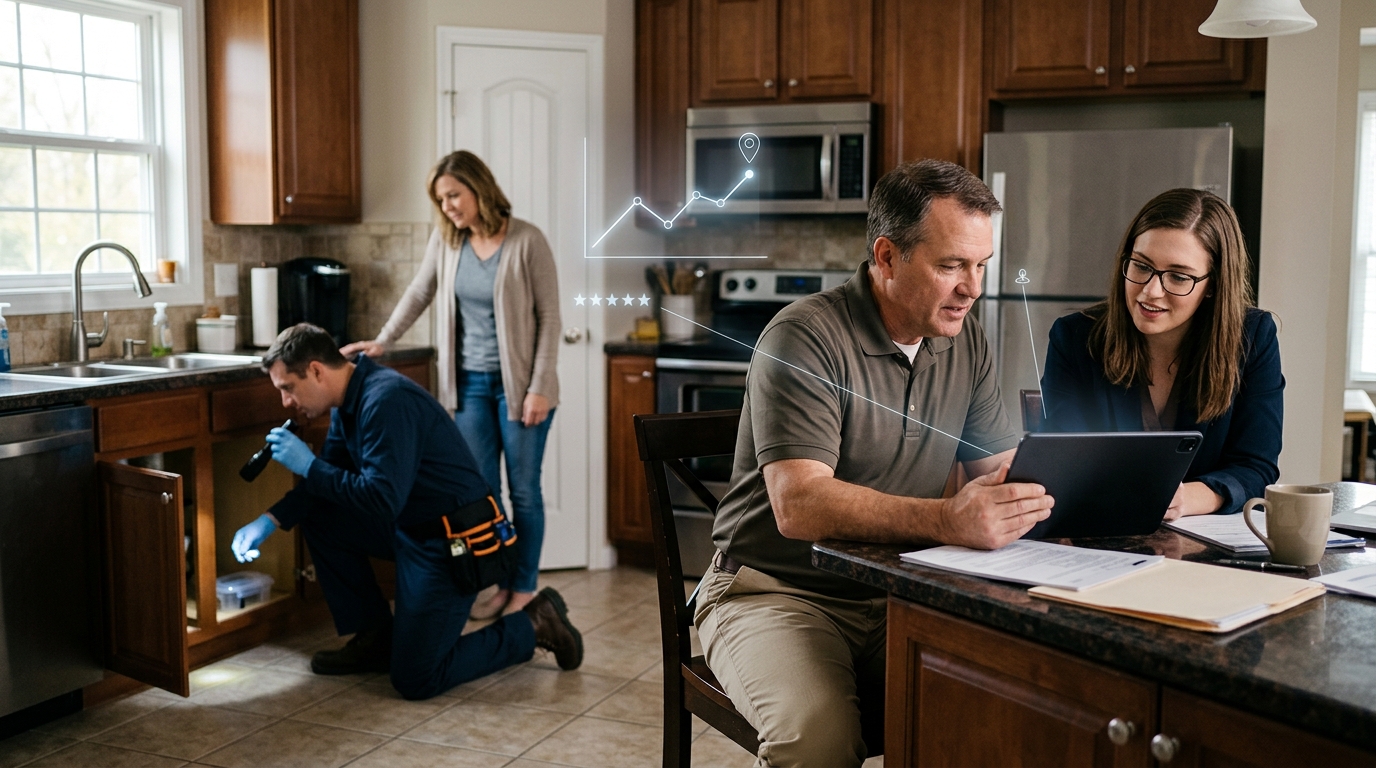 Pest control company owner and a marketing consultant reviewing results on a tablet