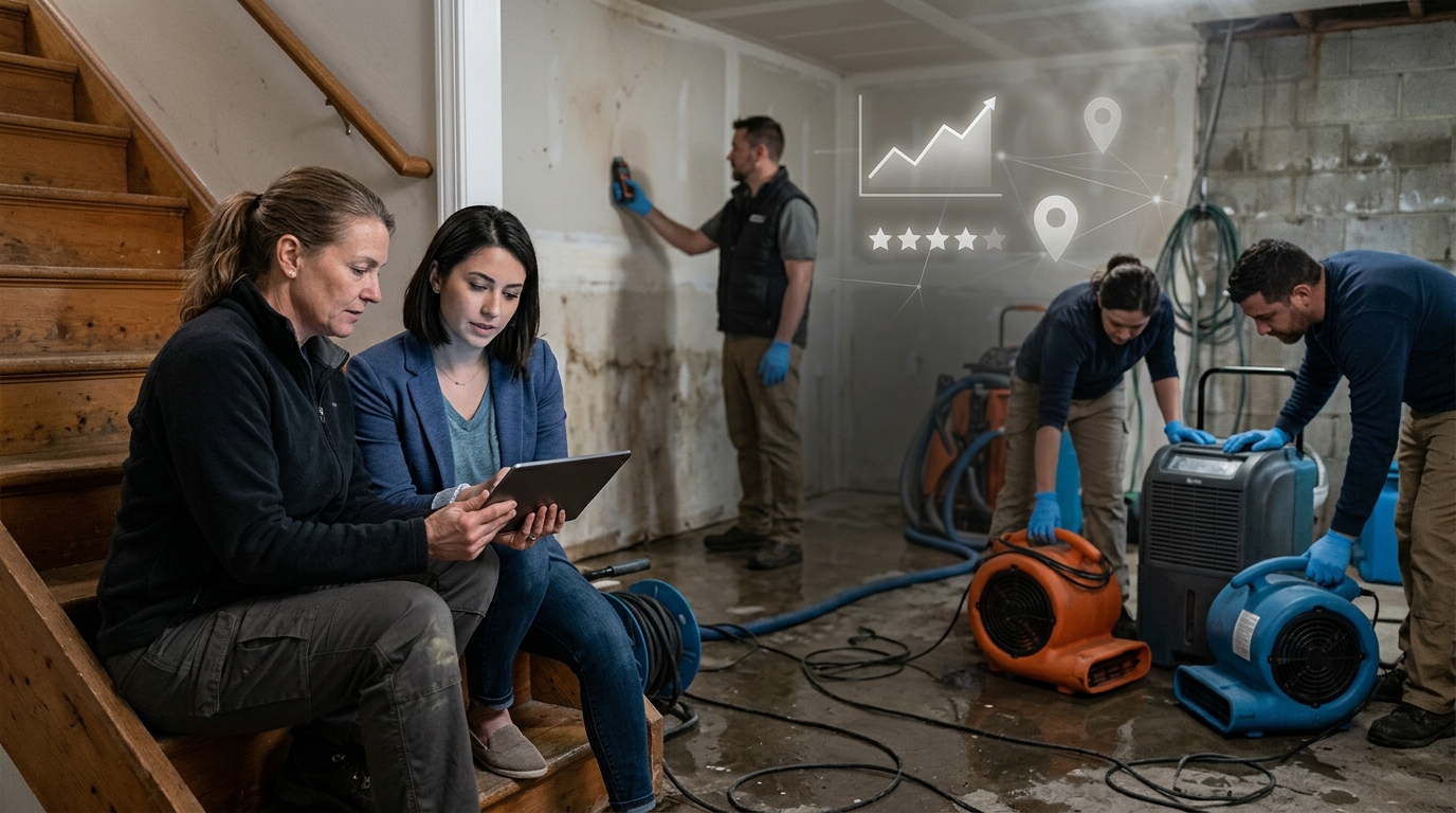 Restoration company owner and a marketing consultant reviewing results on a tablet