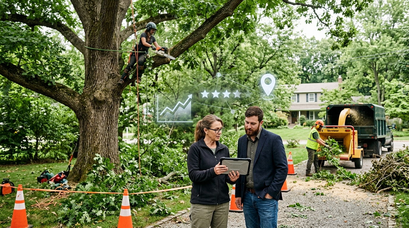 Tree care company owner and a marketing consultant reviewing results on a tablet