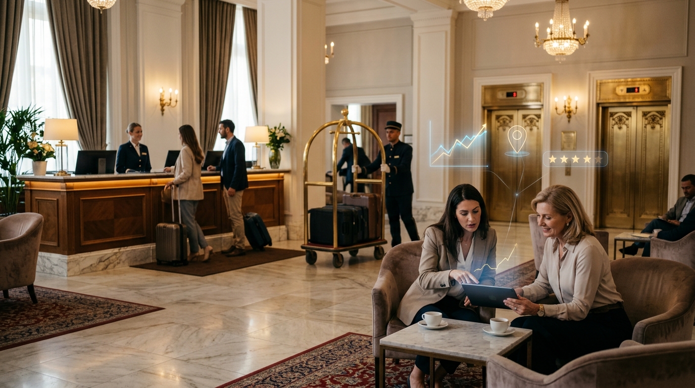 Hotel owner and marketing consultant review a tablet in a lobby as guests check in