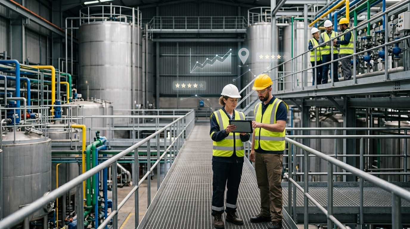 Company owner and marketing consultant review a tablet beneath steel tanks and pipework in a plant