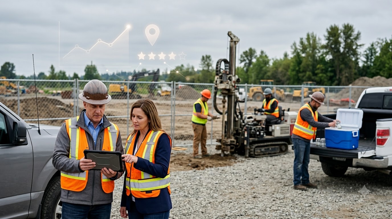 Environmental engineering firm owner and a marketing consultant reviewing results on a tablet